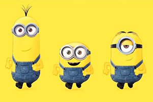Three minion characters on a background of minion yellow.